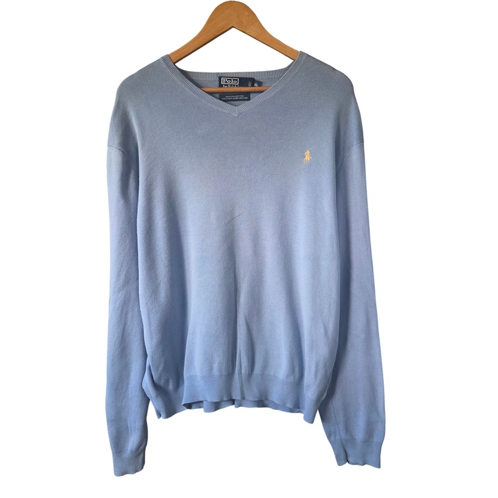 Vintage Polo Ralph Lauren V Neck‎ Sweater XL Blue Pima Cotton Old Money Preppy
